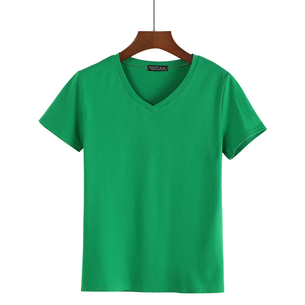new 2019 spring summer Women cotton tops tees t-shirts short sleeve Casual tunic basic shirt t candy color V-neck green | Женская одежда
