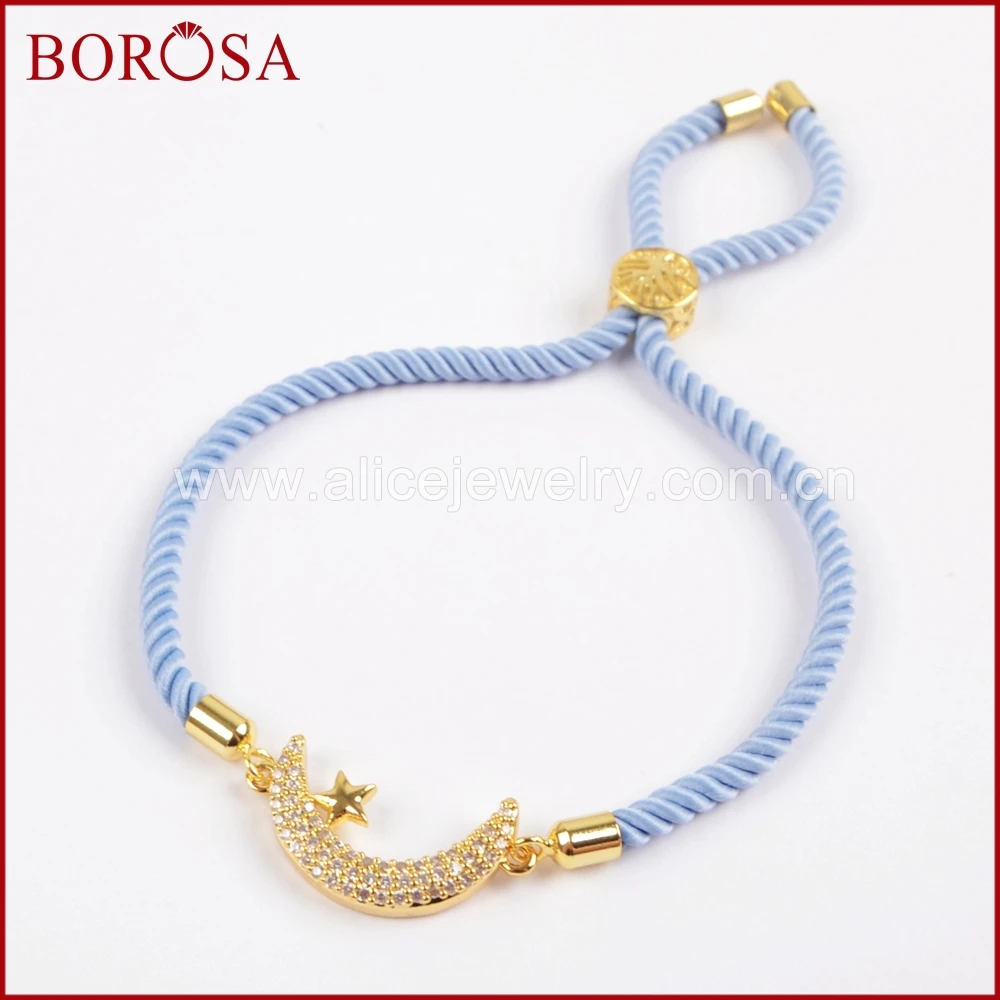 Borosa Micro Pave CZ Белый циркон звезды и луна Spacer разъем хлопчатобумажной веревки