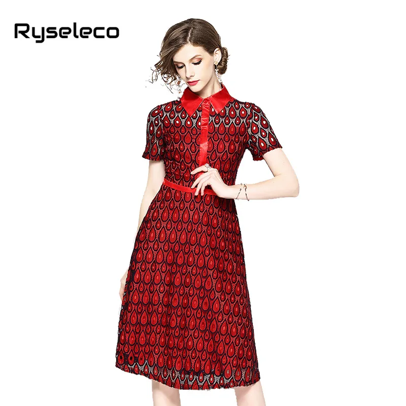 

Women Lace Dresses Office Lady Queen Fashion Elegant Water-drop Cutout Lace Patches Turn Down Collar Midi Shirt Casual Vestidos