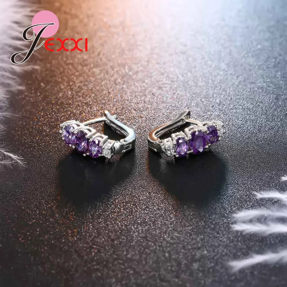 Серьги-кольца из чистого 925 пробы серебра с фиолетовым кубическим цирконием