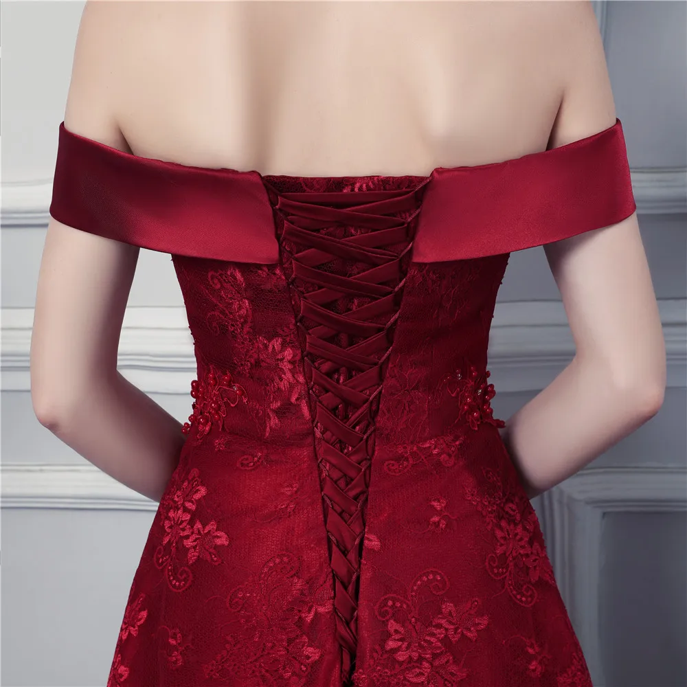 Красное вино кружевное вечернее платье с открытыми плечами высокое качество