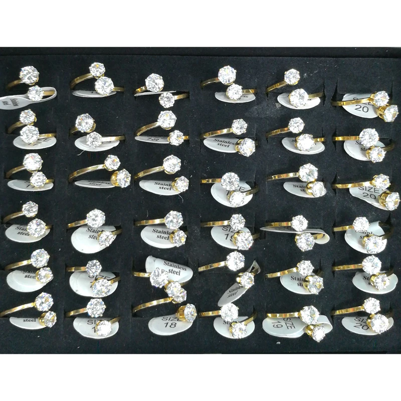 Романтическое двойное кольцо с кристаллами золотого цвета из нержавеющей стали