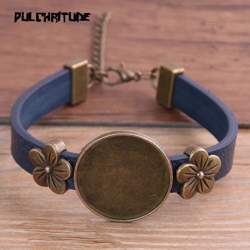 

1pcs 6 Color PU Bracelet Bronze Flower Base Setting Cuff Blank Trays Brazel Fit 25mm Glass Cameo Dome Cabochon DIY Jewelry