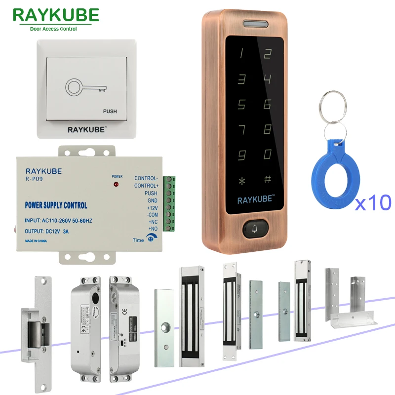RAYKUBE DIY система контроля доступа набор с RFID сенсорной клавиатурой+ Электронные дверные замки+ кнопка выхода+ блок питания+ RFID ключи