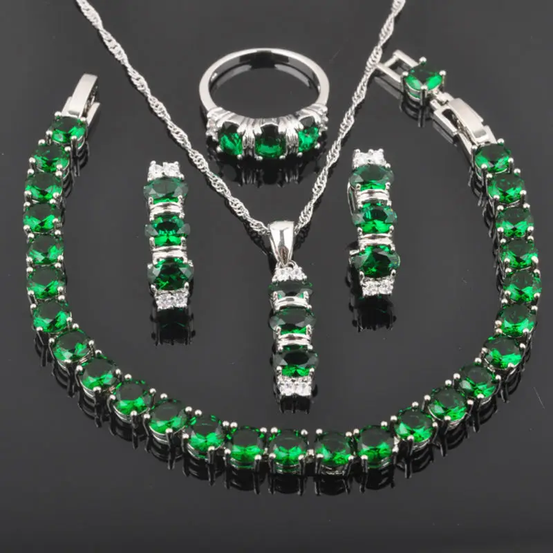 

2020 New Sparkling Green Zirconia For Women Silver Color Jewelry Sets Bracelet Necklace Pendant Earrings Ring QS0156