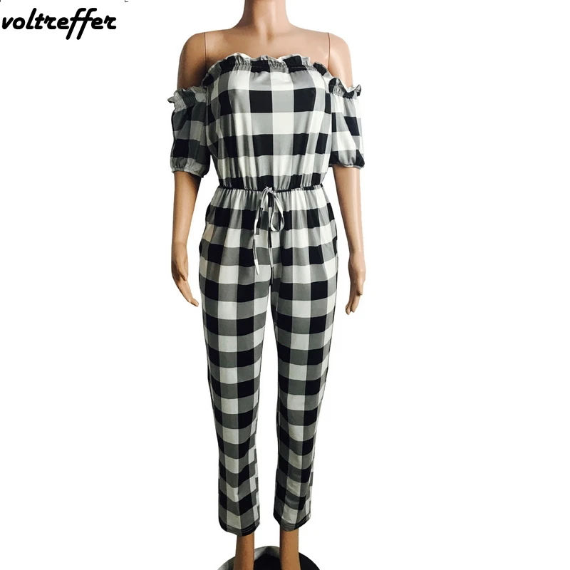 Plaid Printed Macacao Feminino Curto Sexy One Piece Jumpsuits And Rompers For Women Off Shoulder Overalls Backless Ruffles 2018 | Женская