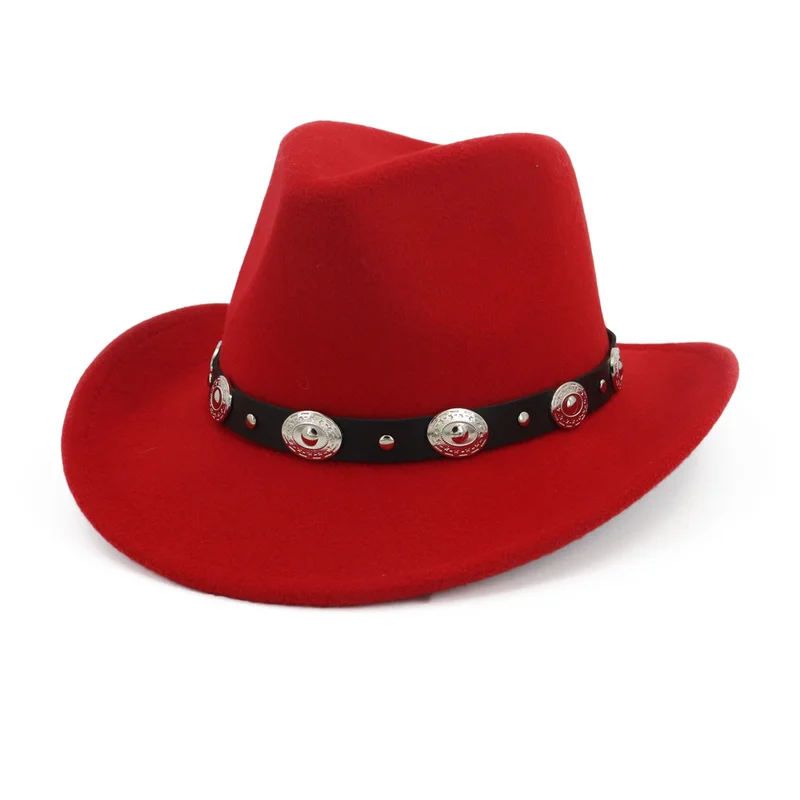 Western Cowboy Wool Felt Fedora Hats for Men Women Leather Rivet Decorated Jazz Formal Top Hat Wide Brim Black and Red Trilby 