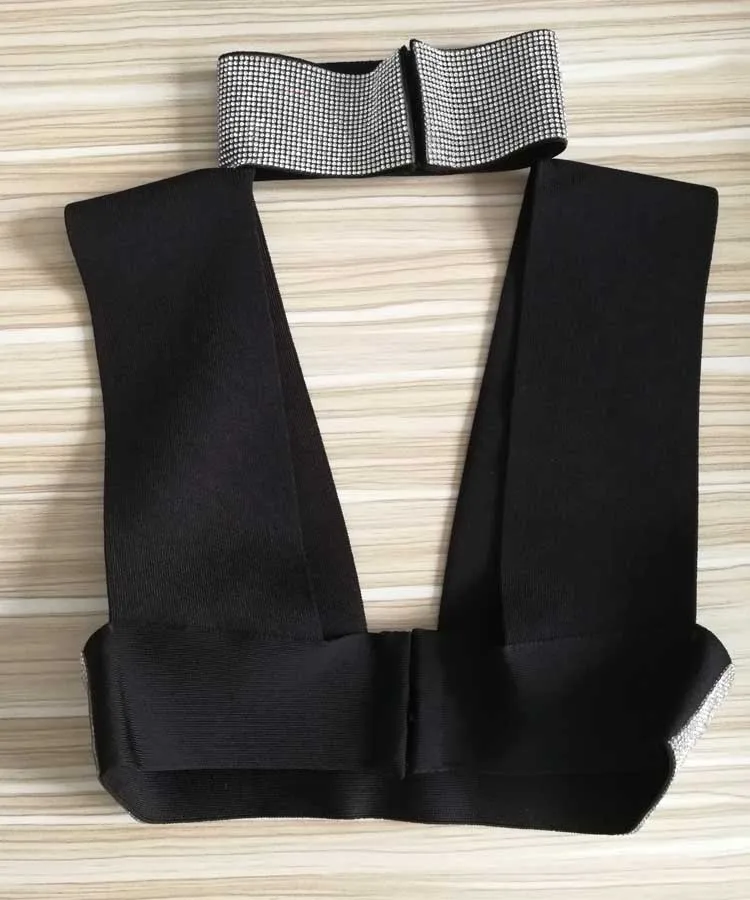 Женский бандажный Топ черный топ с глубоким треугольным вырезом и стразами|bandage