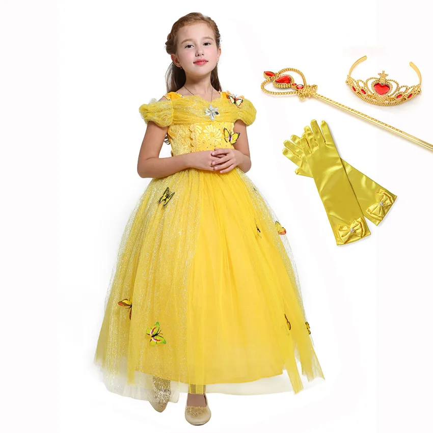 Belle Dress Set 5 цветов, праздничные платья для девочек на свадьбу с цветочным рисунком, костюм бабочки «маленькая русалочка», «Золушка», «Спящая красавица», одежда принцессы - Цвет: Belle Dress Set