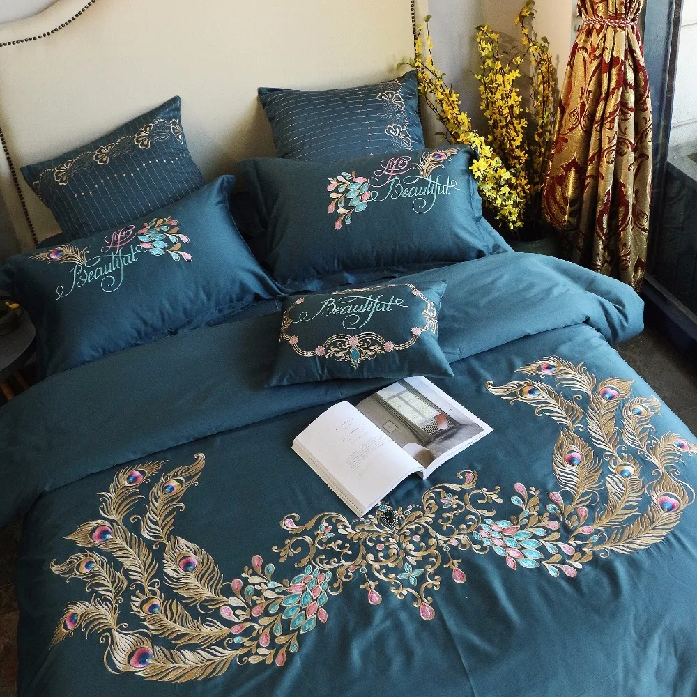 100% хлопок Синий Комплект постельного белья с вышивкой во дворцовом Королевском