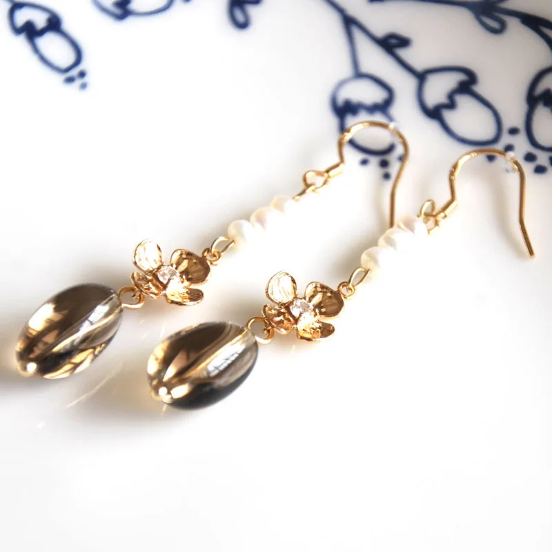 Золотой цвет Дымчатый Кристалл Модные ювелирные изделия серьги-подвески ручной