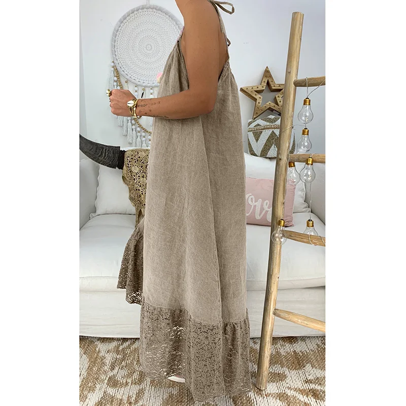 Открытая спина кружево лоскутное Подол Макси платье женское straphetti ремень летнее