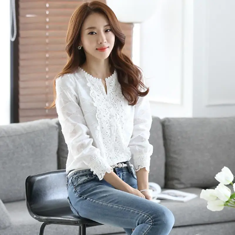 Для женщин футболка с длинным рукавом Кружева Шифоновая блузка OL вышивка блузки
