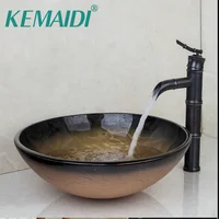 KEMAIDI Bathroom Sink Set Hand Painting Tempered Glass Basin Bowl Sinks Vessel Basin + Brass black Faucet Taps +Drain
