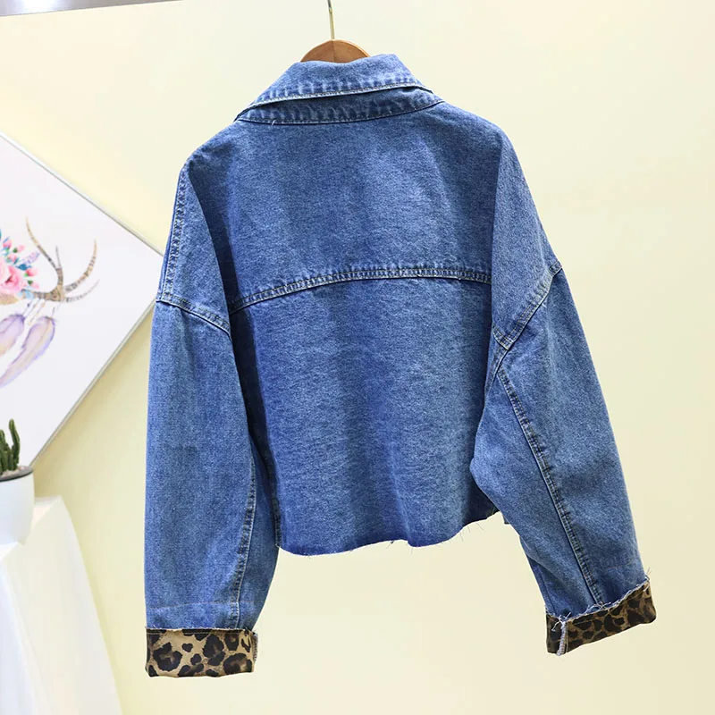 2019 винтажная короткая черная джинсовая куртка женская леопардовая с длинным