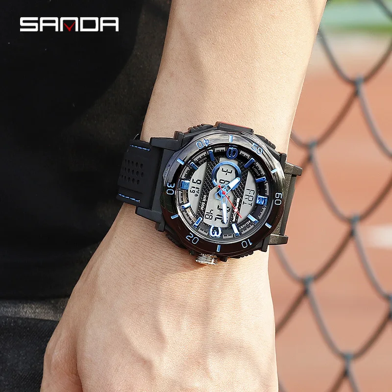 SANDA Роскошные многофункциональные аналоговые цифровые спортивные часы мужские