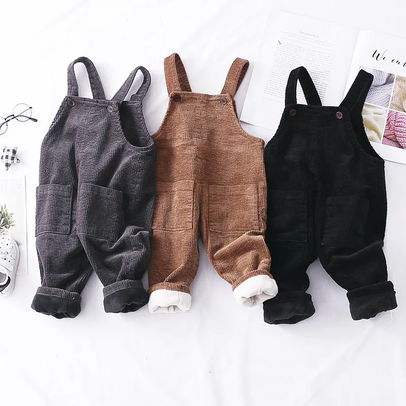 

new 2019 boys girls thick warm fleece inside corduroy overall 1pc 75-95cm baby boy baby girl romper kids winter romper