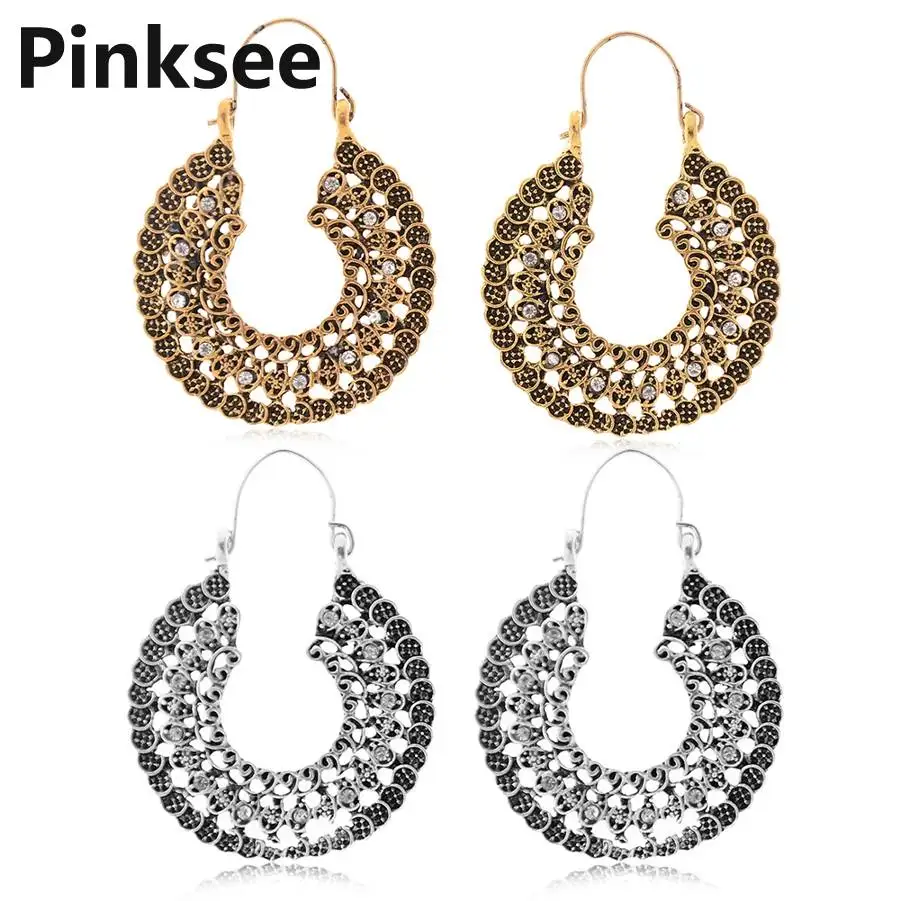 1 Pair Indian Brass Tribal Hollow Flower Spiral Drop Earring Big Charming Circle Jewelry Geometric Hanging Dangle Ear Piercing | Украшения