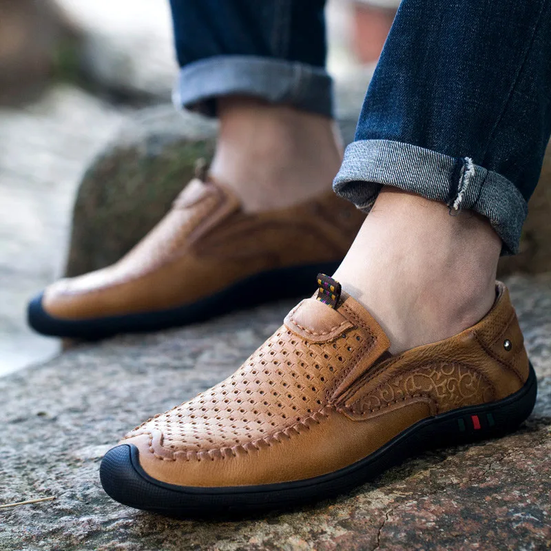 Из натуральной кожи Мужская обувь Повседневная дышащая Летняя женская Мужские