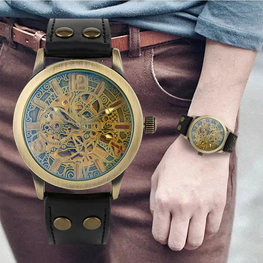 Мужские наручные часы с бронзовым корпусом автоматические механические выемкой