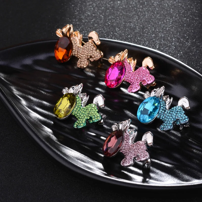 New Alloy Enamel Animal Jewelry Cute Unicorn Horse Brooch Pins Bright-colored Rhinestone Crystal Brooches For Children Gift | Украшения и
