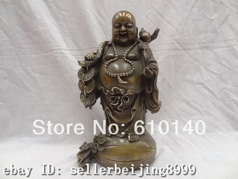 ship 12&quot China Bronze Buddhism Coin Happy Laugh Maitreya Buddha On Money Bag Statue | Statues &amp Sculptures