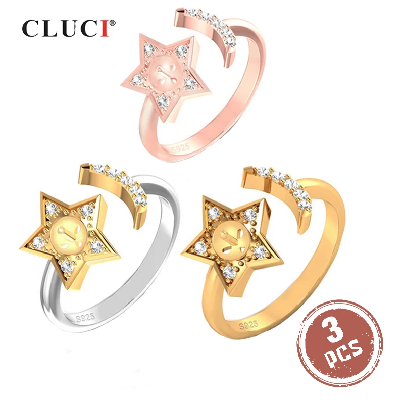 

CLUCI 3pcs Silver 925 Star and Moon Ring Women Pearl Ring Mounting Adjustable 925 Sterling Silver Open Zircon Rings SR2204SB