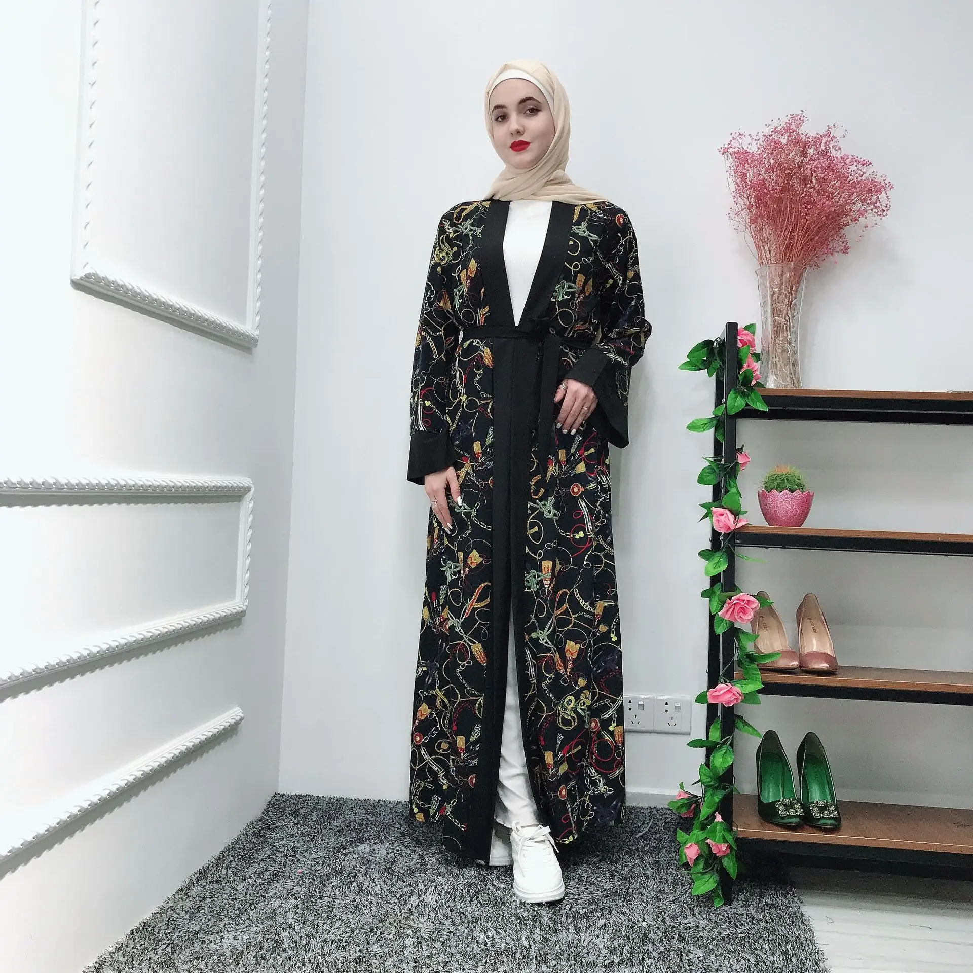 Summer print floral Muslim women shift long abaya black robes | Тематическая одежда и униформа