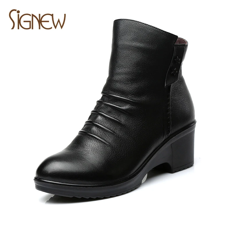 Signew Зимние женские ботильоны реального Пояса из натуральной кожи Обувь модные