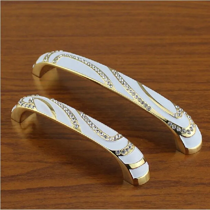 96mm 128mm europe fashion deluxe glass crystal dresser door handle white golden kitchen cabinet drawer pull knob rhinestone 5&quot |