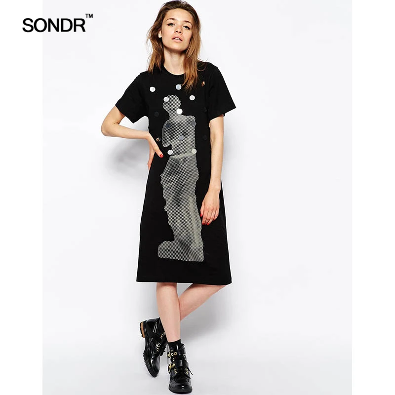 

SONDR 2019 summer new women's custom Roman statue printed sequin cotton T-shirt black short-sleeved dress
