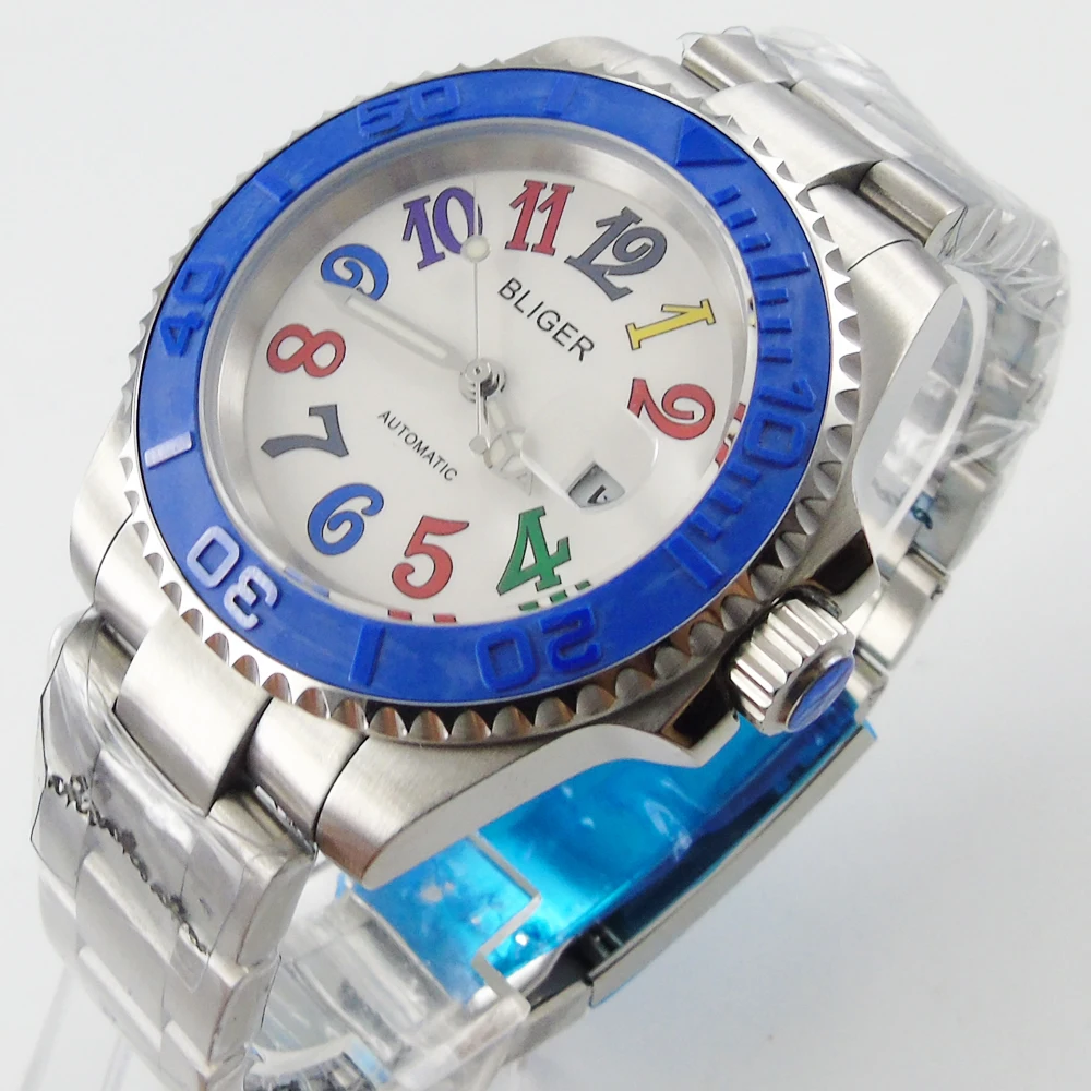 

Bliger 40mm white dial date blue Ceramics Bezel colorful marks saphire glass Automatic movement Men's watch