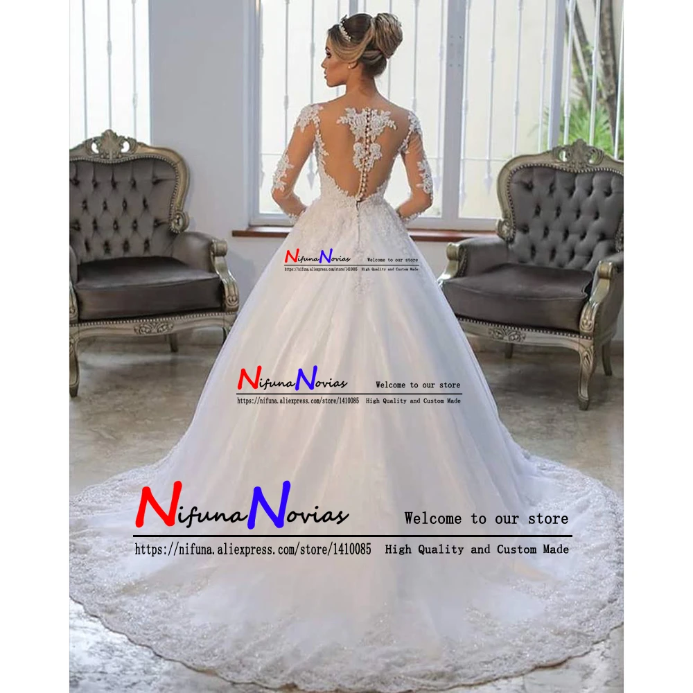 Кружевное свадебное платье с аппликацией бальное длинными рукавами Vestido De Noiva 2019