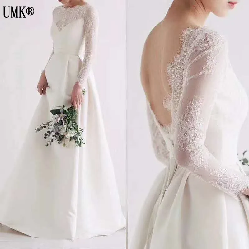 Vestido De Noiva сексуальное кружевное свадебное платье с длинными рукавами и открытой спиной простые трапециевидные длиной до пола мусульманские свадебные платья
