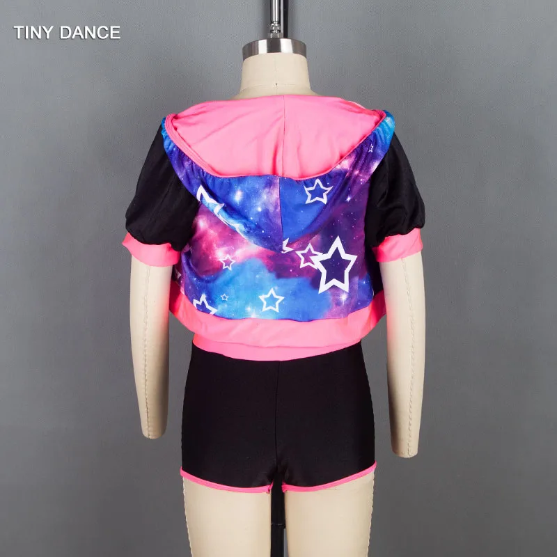 3 in 1 Child and Adult Jazz &amp Tap Dance Costume Set including Short Sleeve Hooded Jacket Black Spandex Bra Top Shorts 18318 |