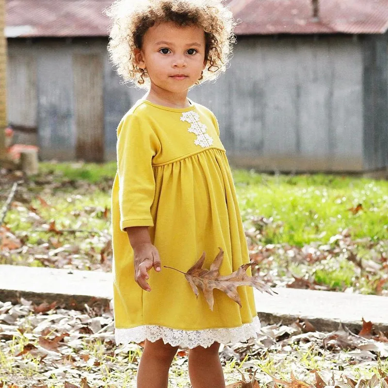 Toddler Dresses For Girls Lace Patchwork Long Sleeved Princess Sundress Baby Yellow Clothing Autumn Birthday Party 1-4Yrs | Детская - Фото №1