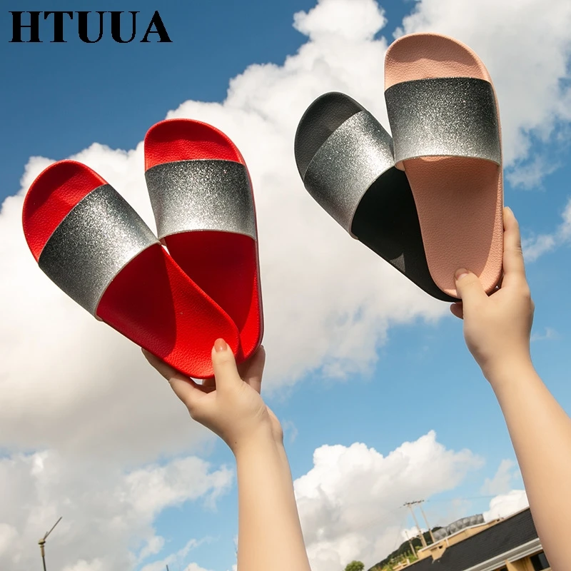 HTUUA/Новинка 2019 года женские шлепанцы летние без задника с блестками пляжные