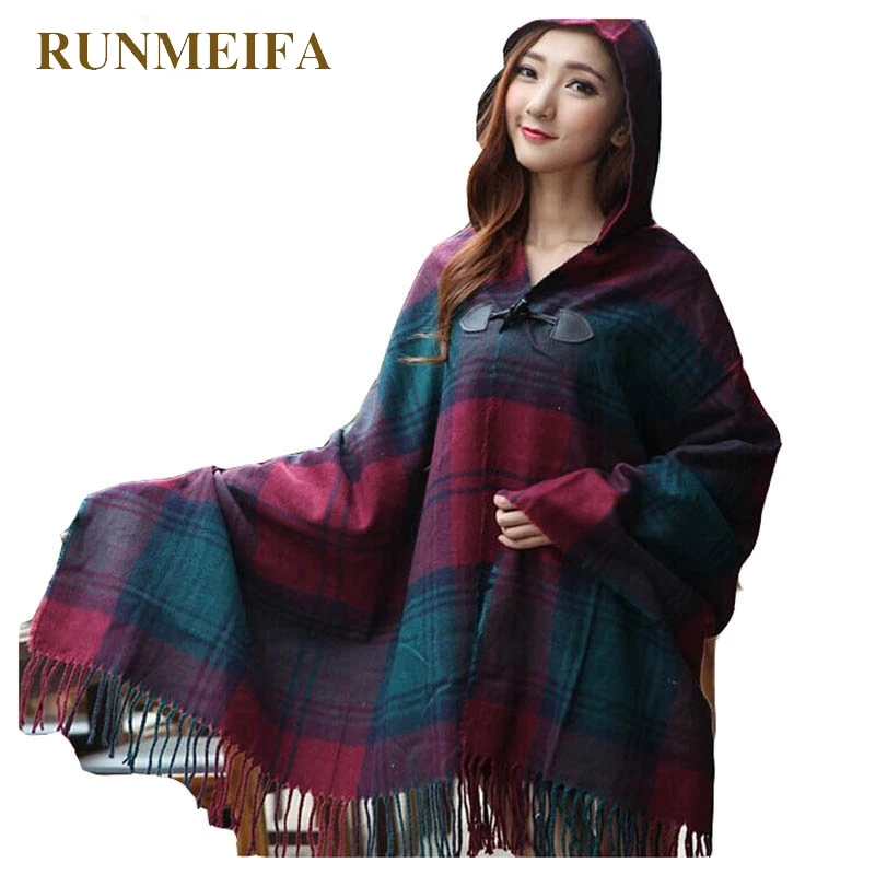

[RUNMEIFA] 2019 осень-зима Женщина плащ топы с капюшоном Женский палантин толстый этнический клетка, жаккард с капюшоном Палантин из пашмины шарф