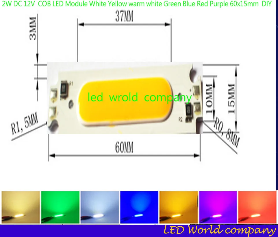 2017 New Arrival DC 12V 2W COB LED Module Chip Light Bulb White Yellow Orange Green Blue Red Purple Lamp for DIY 60x15mm | Лампы и