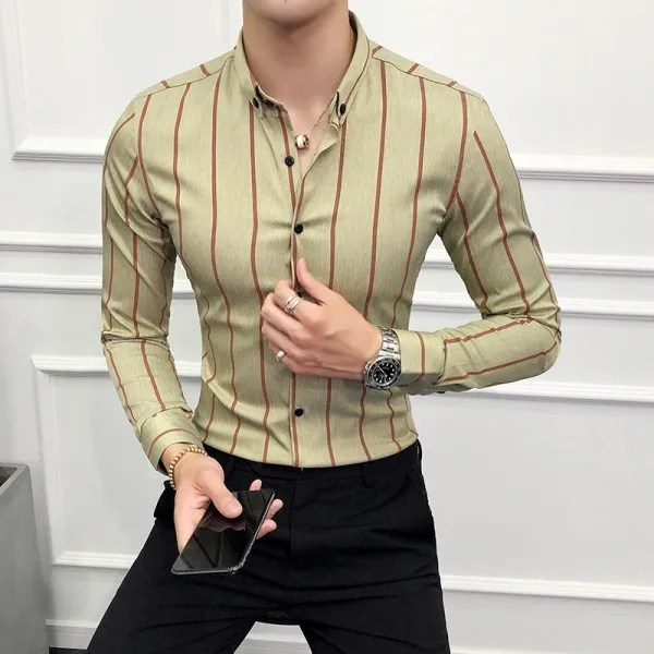 Yellow Stripe Эксклюзивные Мужские рубашки с длинным рукавом, Лидер продаж, мужские рубашки, повседневные облегающие рубашки с отложным воротником, деловые рубашки в полоску для мужчин, 3XL - Цвет: Yellow Stripe