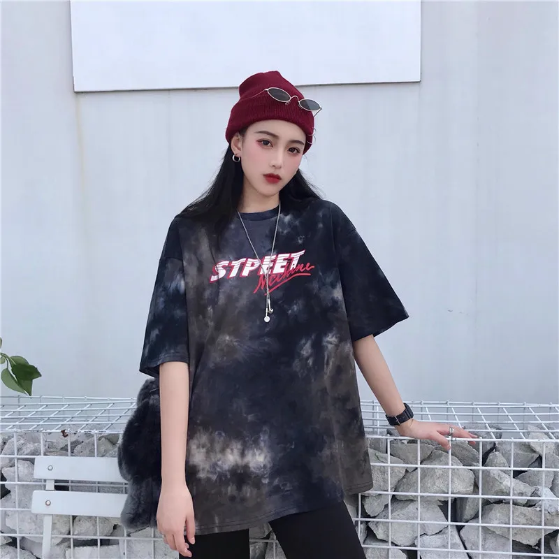 Tie Dye Gradient, большие размеры, свободные, более размера, модные, Harajuku, Женские топы с буквенным принтом, хип-хоп, короткий рукав, повседневная парная футболка
