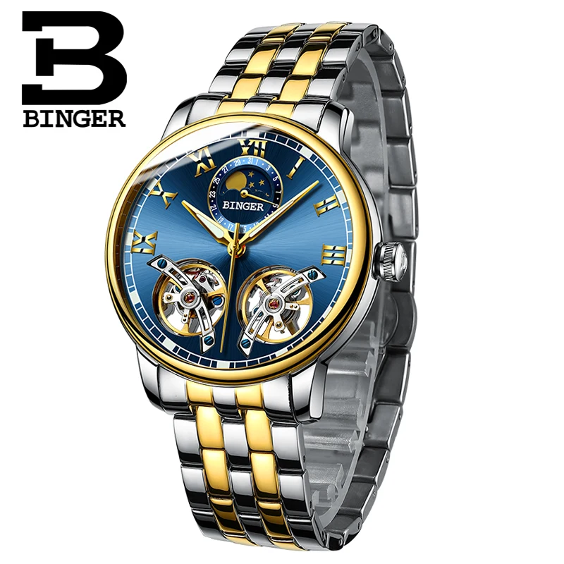Double tourbillon Luxury Men watch Automatic mechanical Watch BINGER Famous Brand Watch Gold Case Blue Dial Double relogio