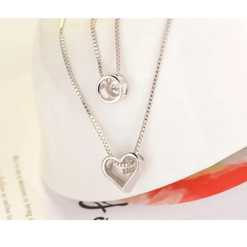 

925 Sterling Silver Necklace Double Layer Chain Zircon Heart Pendants Necklaces For Women kolye Choker