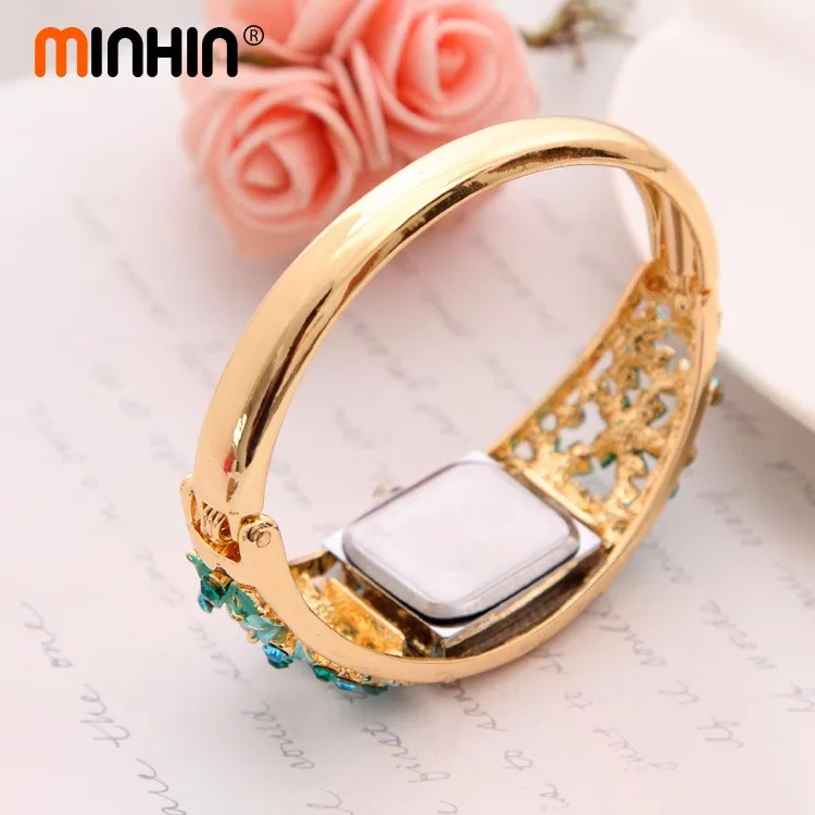 Часы MINHIN Brilliant, 5 цветов, браслет для женщин, золотой цвет, Хрустальный цветок, дизайн, Браслет-манжета, кварцевые часы, повседневные наручные часы