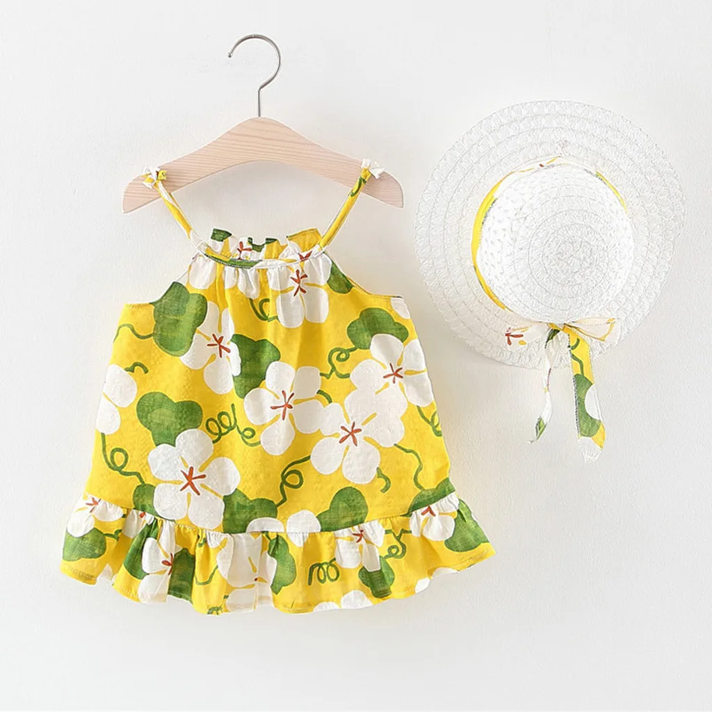 Girls Summer Dress casual Princess Party Dresses Sleeveless sling flower ruffled dress princess + straw hat L0702 | Детская одежда и