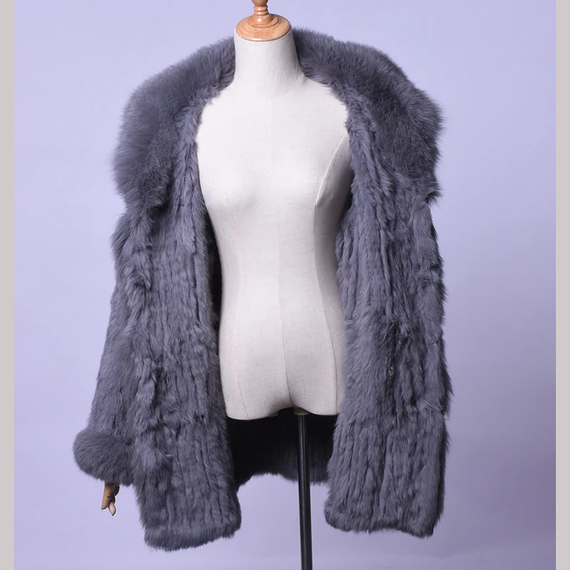 QIUSIDUN Real Rabbit Fur Knit Woman's Winter Fox Fur Collar Coat Casual long-sleeved Fox Cuff Long Large Size Jacket  fur coats