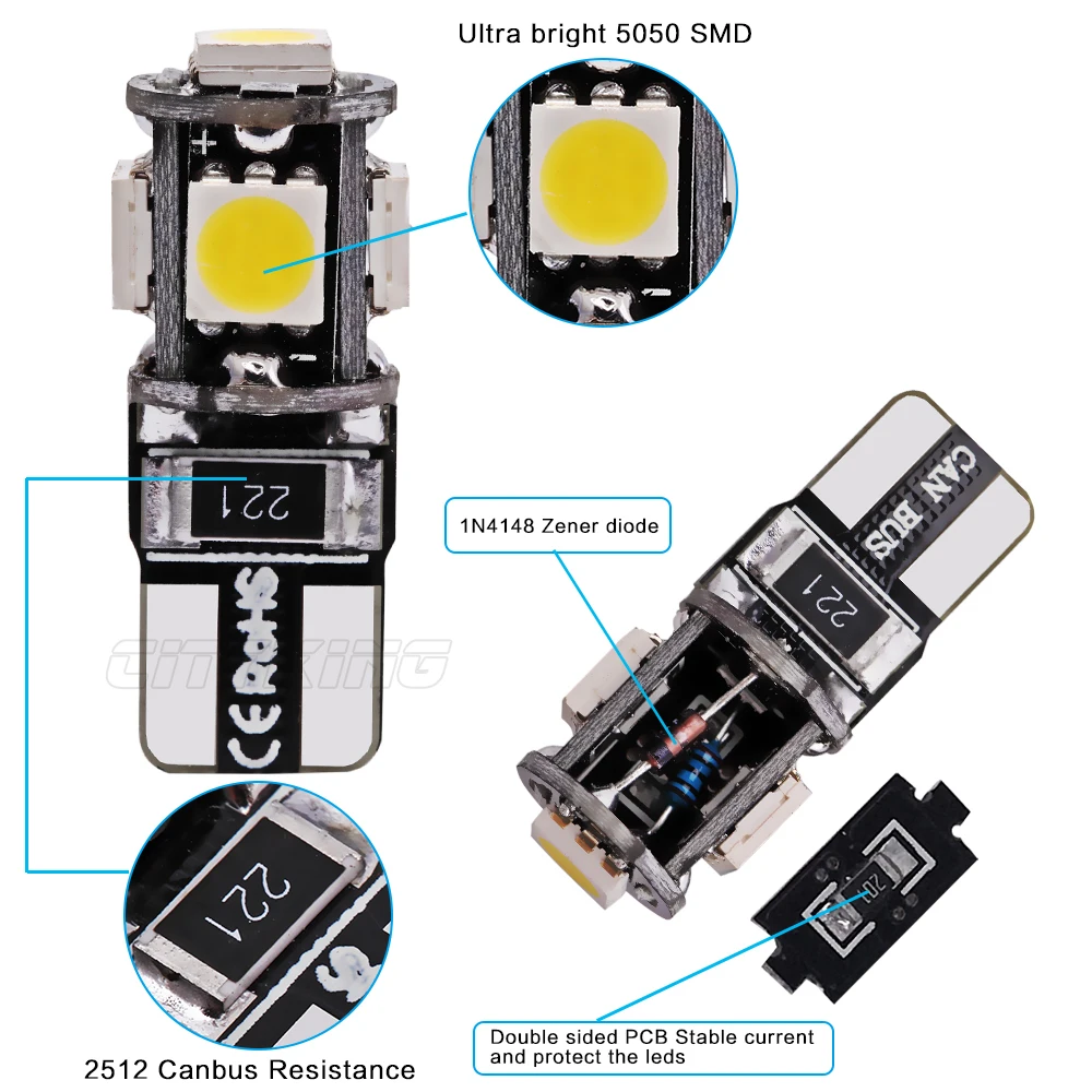 10 шт./лот T10 5smd 5050 LED canbus W5W led 194 t10 5led SMD безотказный белый свет для стайлинга