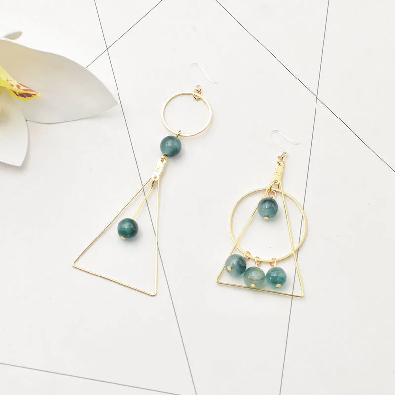 

Carvejewl vintage asymmetrical long earrings round triangle geometric ice green beads drop dangle earrings American Europe style
