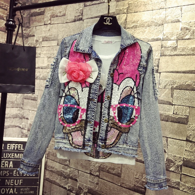 Женское джинсовое пальто с вышитыми трехмерными цветами жемчужинами и бусинами