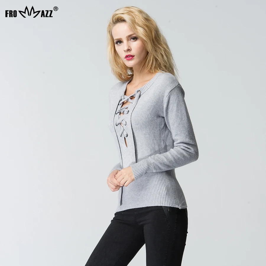 Женский трикотажный пуловер с v-образным вырезом FROMMAZZ Серый Повседневный